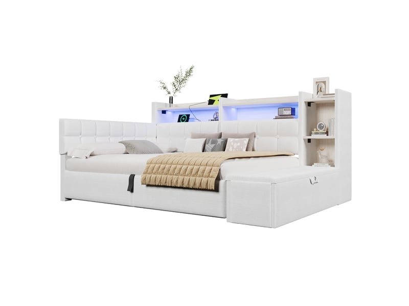  Lit coffre hydraulique 140x200 cm avec led multicolore, usb et usb-c et banc coffre, velours blanc, sans matelas  - Conforama A