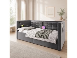 Lit coffre 90x200 cm avec station de charge usb et type-c, velours, gris, sans matelas