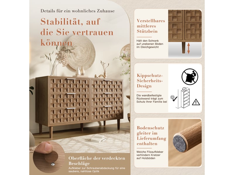  Buffet 6 tiroirs design milieu siècle, meuble rangement bois chêne optique, 120x37x77 cm, poignées métal courbé  - Conforama E