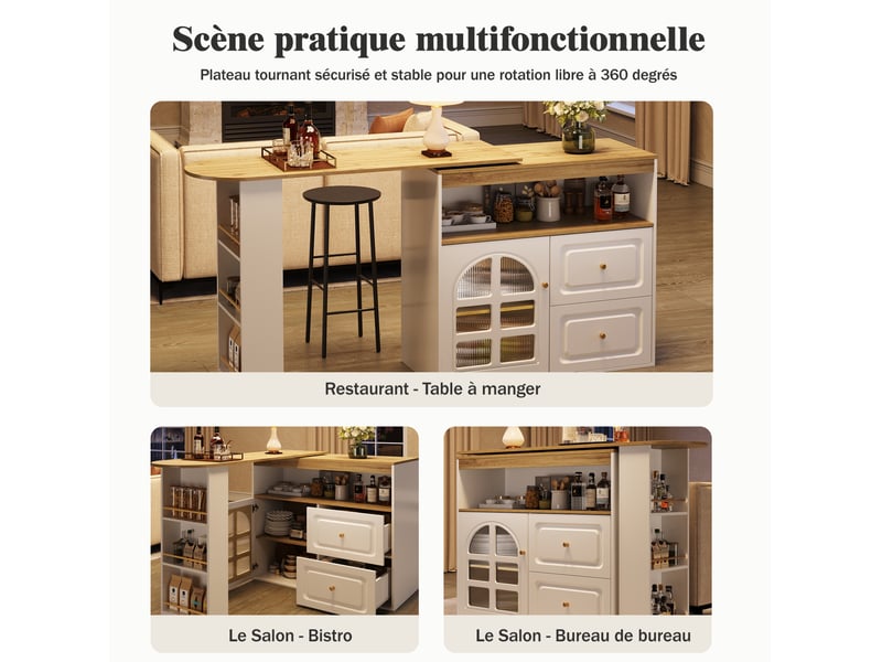  Meuble bar tournant extensible 138-204x39x104 cm porte en verre trempé cintrée, 2 tiroirs, pour cuisine, en mdf, blanc  - Conforama E
