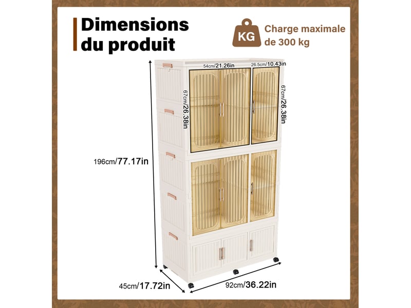  Armoire modulaire pliable 92x45x196 cm avec 9 portes magnétiques couleur beige crème, polypropylène, confort optimal  - Conforama C