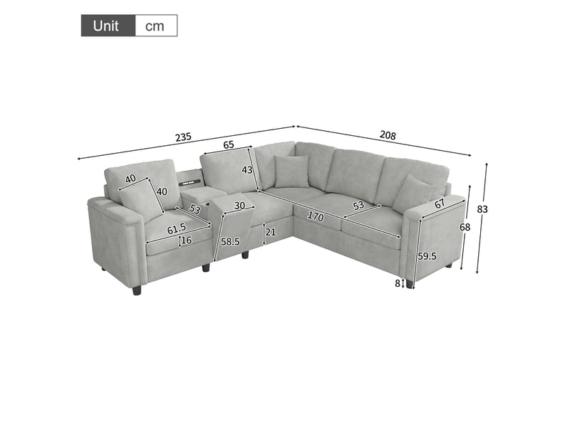  Canapé d’angle 5 places xxl 235x208x83 chenille en l avec console de rangement,ports usbusb-c et lampe de lecture, canapé moderne pour salon - gris OPULERANE TRADING LTD - Conforama C
