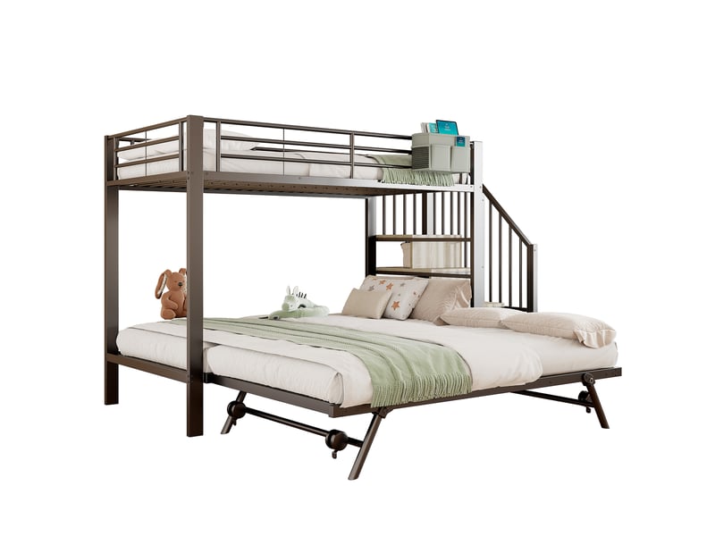  Lit superposé extensible avec escalier rangement et poche tissu, métal noir, 90x200180x200 cm  - Conforama D