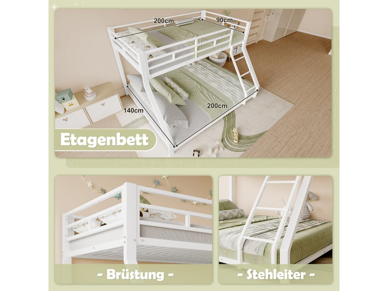 Lit superposé 3 places 90 x 200 et 140 x 200 cm avec garde-corps et échelle, lit double et simple en métal blanc, certifié en747, sans matelas - Conforama E