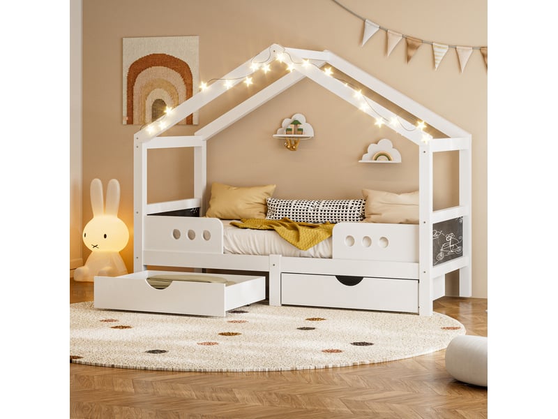  Elvmi lit cabane enfant avec toit, 2 grands tiroirs, structure bois et mdf, finition vernis uv quasi inodore, tableau intégré, charge maximale 120 kg, pour matelas 90x200 cm  - Conforama E