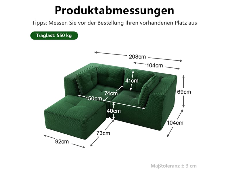  Canapé d’angle modulable 2 places en velours côtelé vert avec repose-pieds mobile  - Conforama E