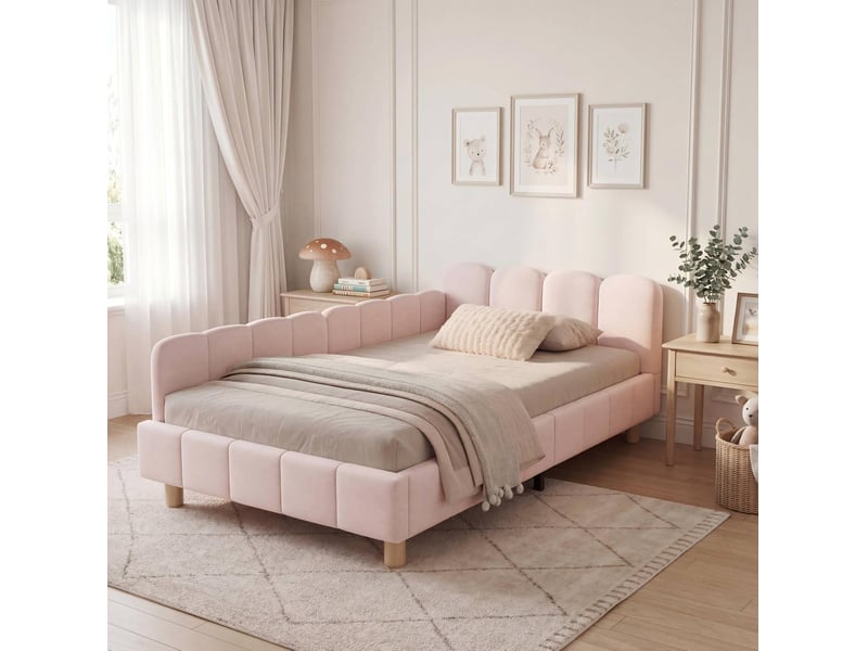  Lit enfant 90 × 200 cm avec barrières, tête de lit rembourrée et poches de rangement, sans matelas, rose  - Conforama D