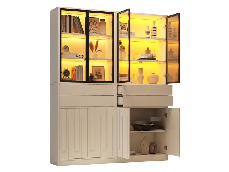 Vitrine 4 portes en verre, 2 tiroirs, éclairage led pour salon, panneau de particules blanc, 140 × 34 × 180 cm - Conforama A