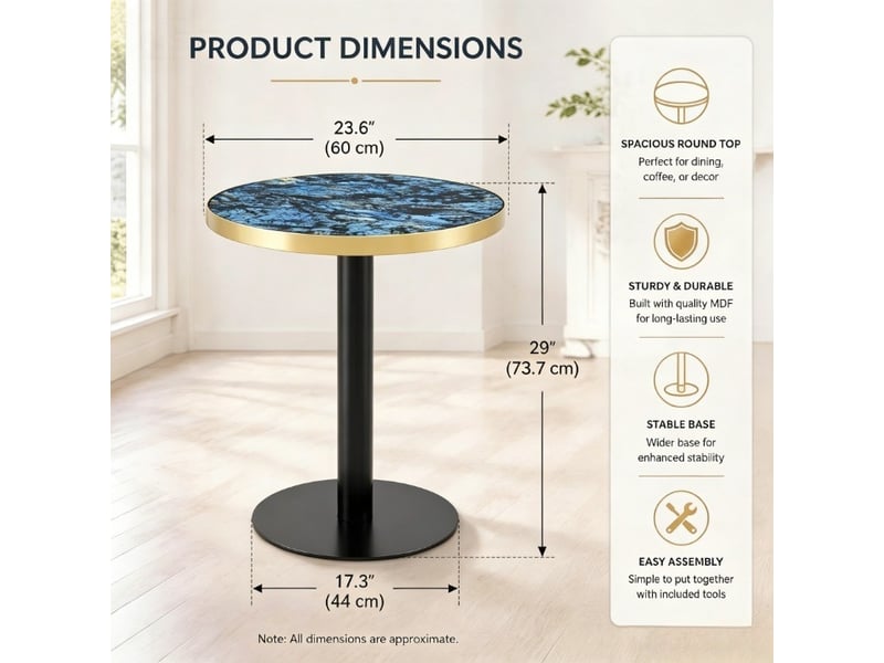  Table d'appoint ronde avec plateau effet marbre et piètement central en métal pour salon, chambre ou balcon  - Conforama D