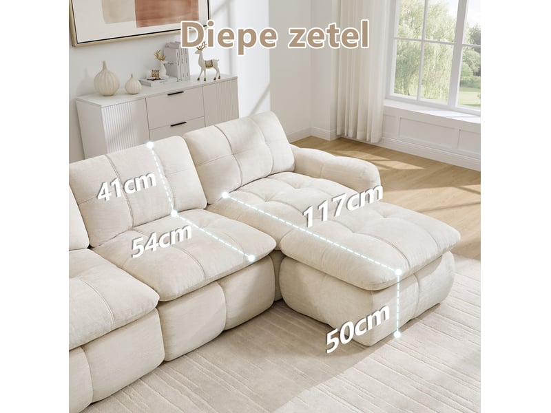 Canapé d'angle modulable 2 places avec ottoman, en chenille beige - Conforama D