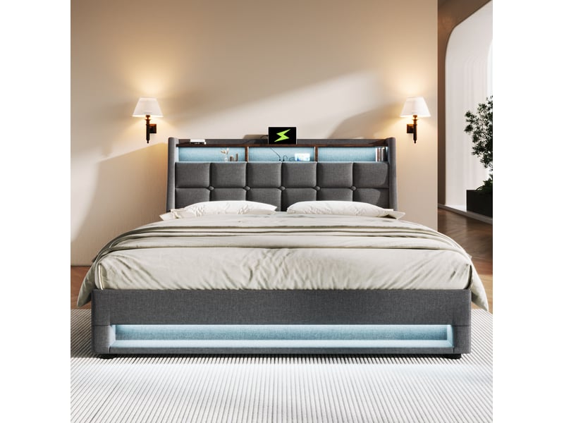  Lit coffre 160x200 cm gris en lin, avec usb, led et rangement sous sommier, pour chambre double  - Conforama B