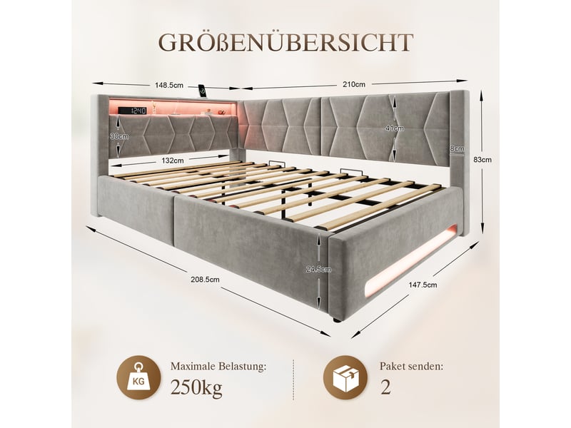  Lit banquette hydraulique 140x200 cm, led, usb-c, lit coffre rembourré, lit simple, éclairage tête et pied, velours, gris Seren Glow - Conforama C