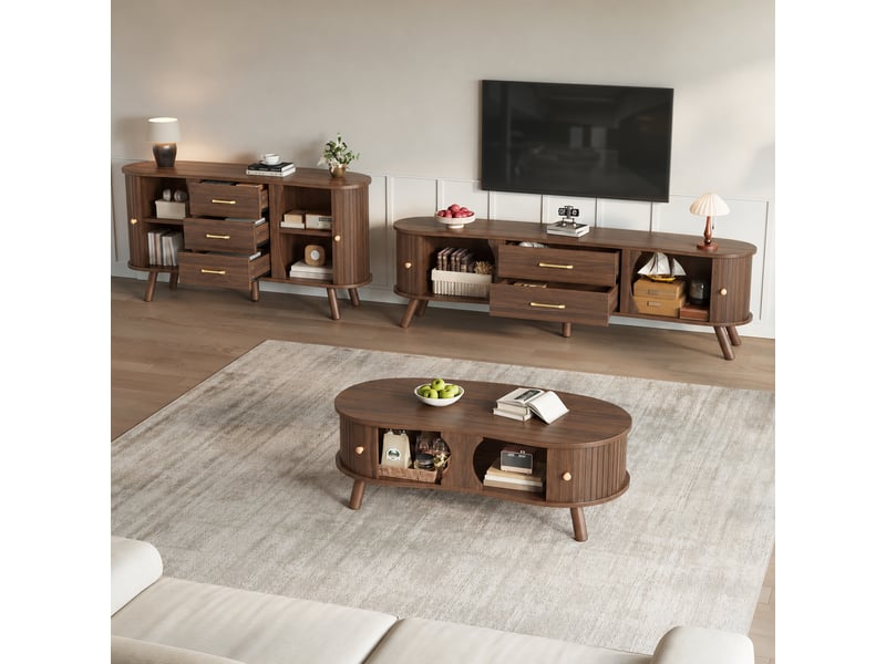  Ensemble de meubles de salon 3 pièces effet noyer, meuble tv 160 cm, buffet 150 cm, table basse 108 cm et portes coulissantes rainurées  - Conforama D