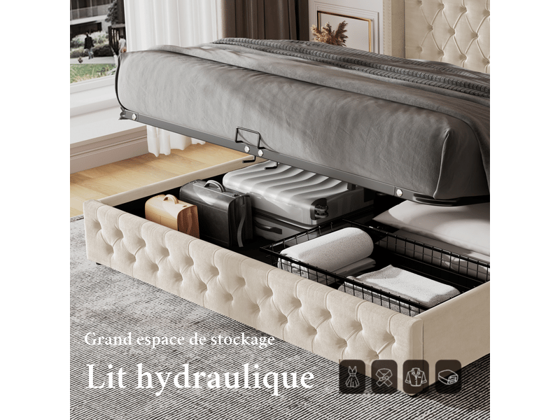  Lit double 140x190 en velours beige, lit coffre avec fonction hydraulique et sommier à lattes, style chesterfield avec double rangée de rivets  - Conforama E