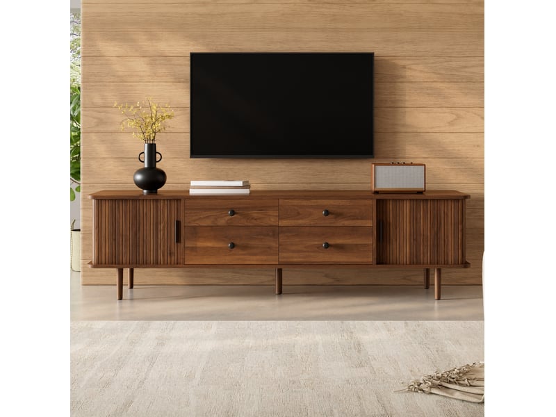  Meuble tv 165x40x46 cm, noyer en mdf, 4 tiroirs, 2 portes coulissantes, angles arrondis, large espace de rangement  - Conforama D