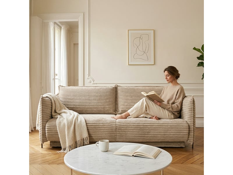  Canapé sorrento - velours côt. Beige - droit - convert. - 3pl 3CA60.AM.3D.C.02 - Conforama D