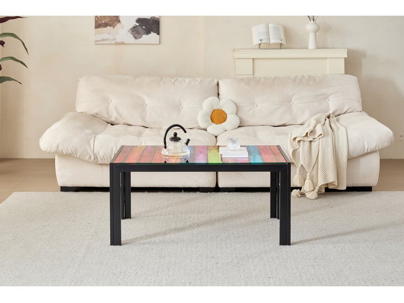  Table basse en verre trempé multicolore 100 x 60 cm, pieds en métal noir, format 45 cm pour le salon  - Conforama B