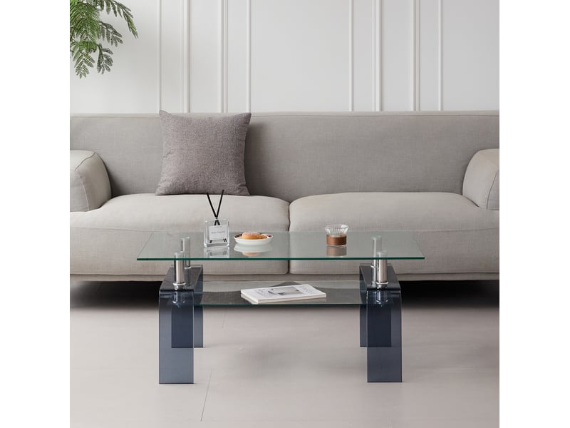  Table basse 100x55x45 cm en verre trempé transparent à pieds gris  - Conforama D