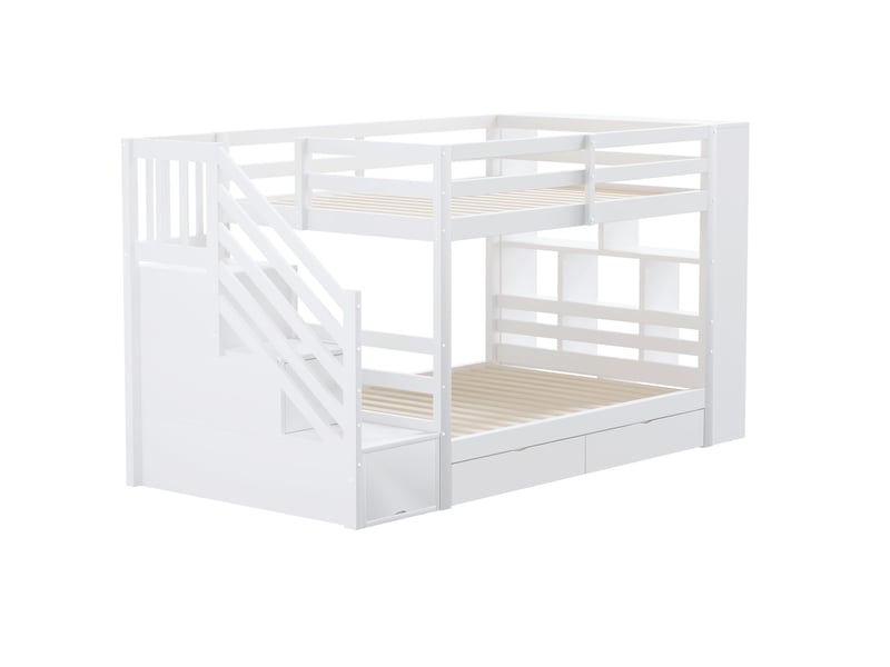  Lit superposé enfant 90x200 cm – blanc – escalier sécurisé, tiroirs et rangement - sans matelas  - Conforama D