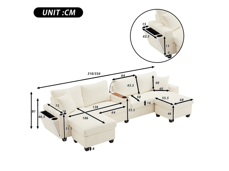  Canapé en u en velours côtelé beige 4 places, avec 2 poufs modulables, éclairage led, liseuse et ports usb pour grand salon moderne.  - Conforama C