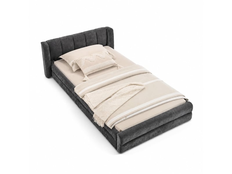 Lit 1 place 90x200 cm en chenille gris foncé avec tête de lit, sans matelas - Conforama A