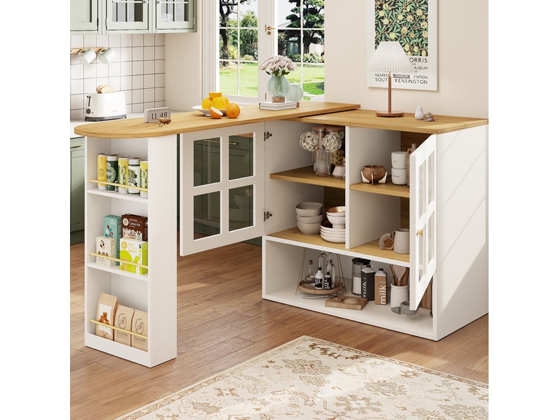  Îlot de cuisine extensible 138x39x102,5 cm, pivotant à 360°, mdf blanc  - Conforama E