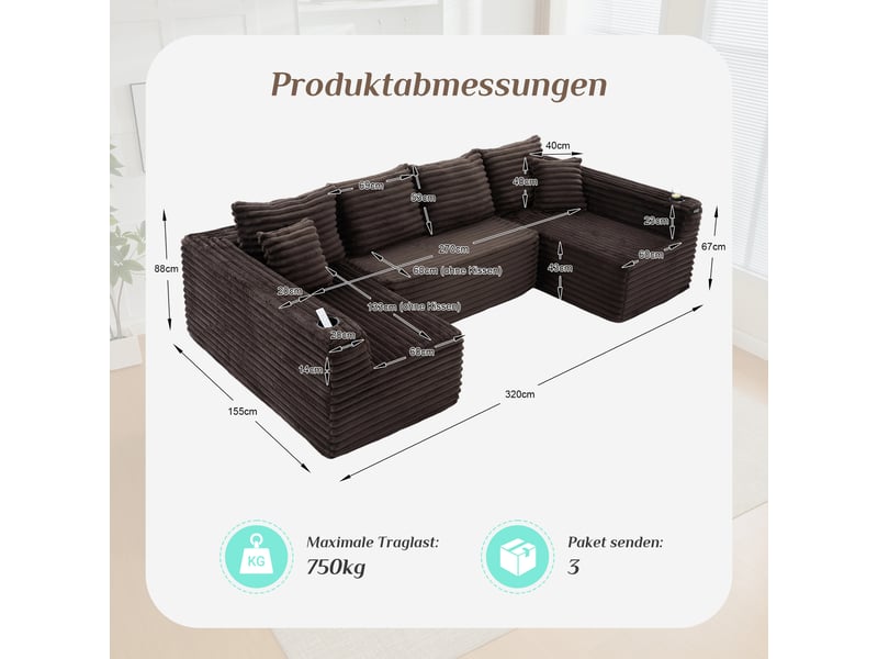  Canapé d'angle panoramique fixe 6 places tissu marron canapé compressible - Conforama C