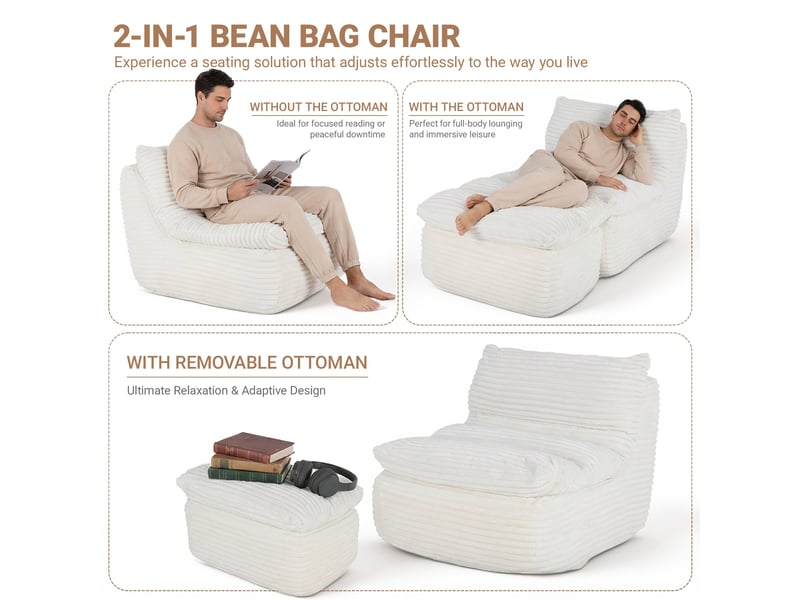Fauteuil relax sans cadre et sans montage, design ergonomique avec repose-pieds, mousse mémoire haute densité pour un confort optimal, idéal pour le salon, la chambre, le bureau ou l’appartement,beige - Conforama D