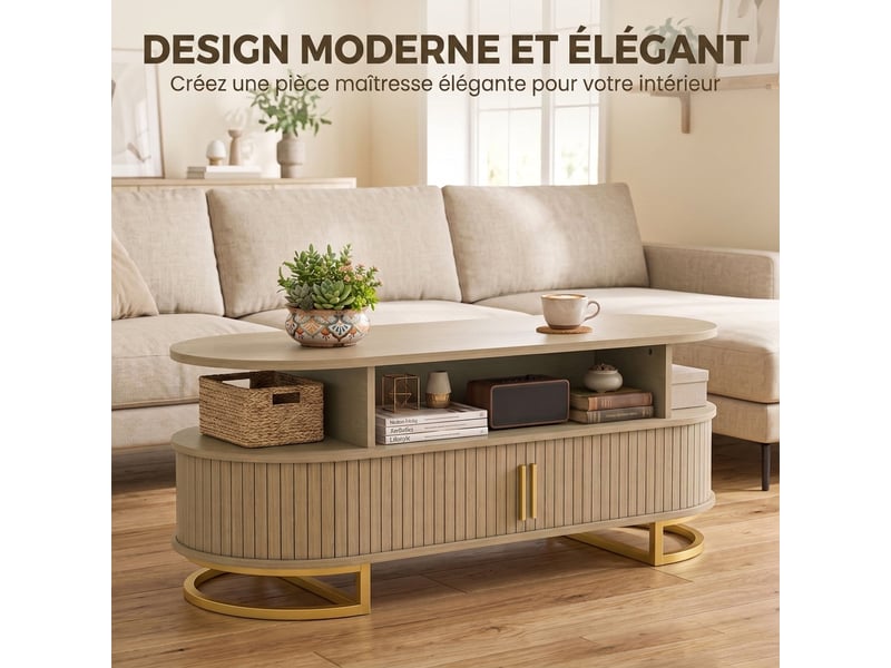  Table basse ovale, table de salon moderne avec portes à tambour coulissantes, rangement fermé, étagères ouvertes, chêne  - Conforama D