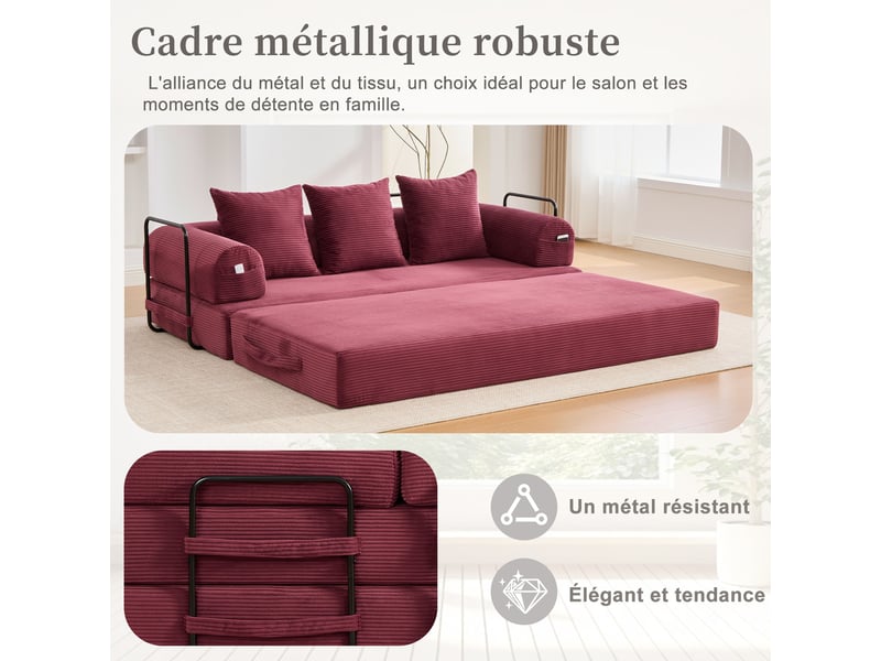  Canapé modulable rouge velours côtelé 200 x 94 x 67 cm, 3 coussins, poche latérale, cadre métal, salon séjour W2845S00502 - Conforama W