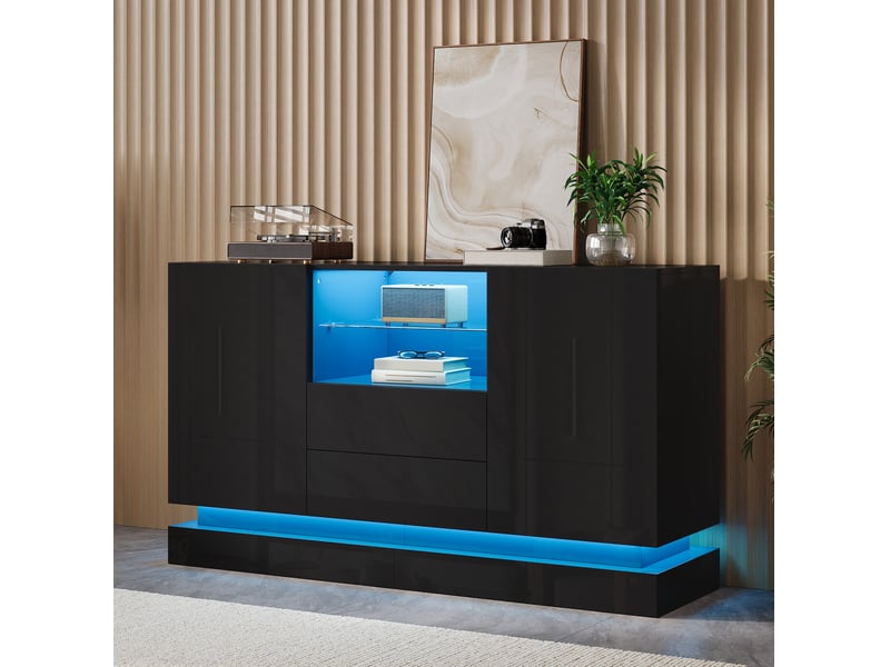  Buffet bas 140x40x84 cm, 2 portes, 2 tiroirs, éclairage led contrôlable par application, en panneau de particules, noir  - Conforama E