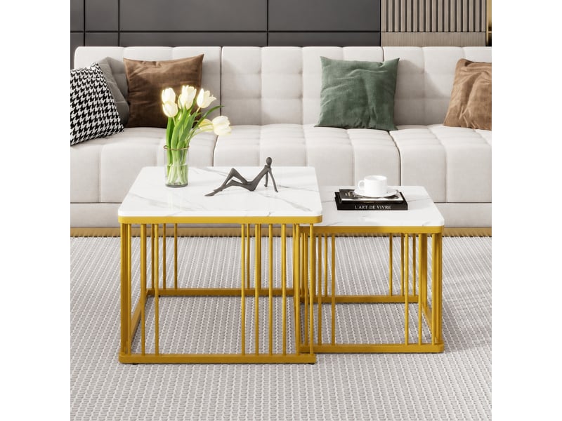  Lot de 2 tables basses gigognes carrées, effet marbre brillant, pieds réglables, blanc et doré  - Conforama D