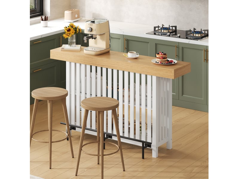  Table de bar 160x40x105 cm blanche avec étagères et repose-pieds  - Conforama E
