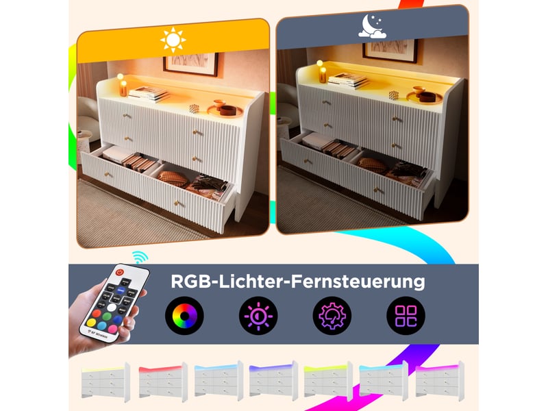  Buffet à led blanc avec 6 tiroirs et niche ouverte – 120 x 40 x 75 cm  - Conforama E