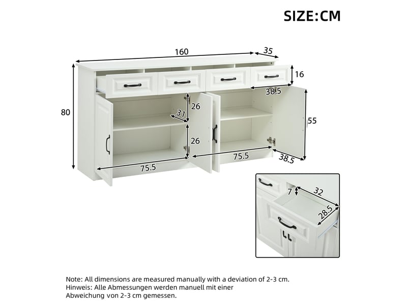 Buffet 160 cm en mdf blanc avec 4 portes et 4 tiroirs, façades rainurées - Conforama E
