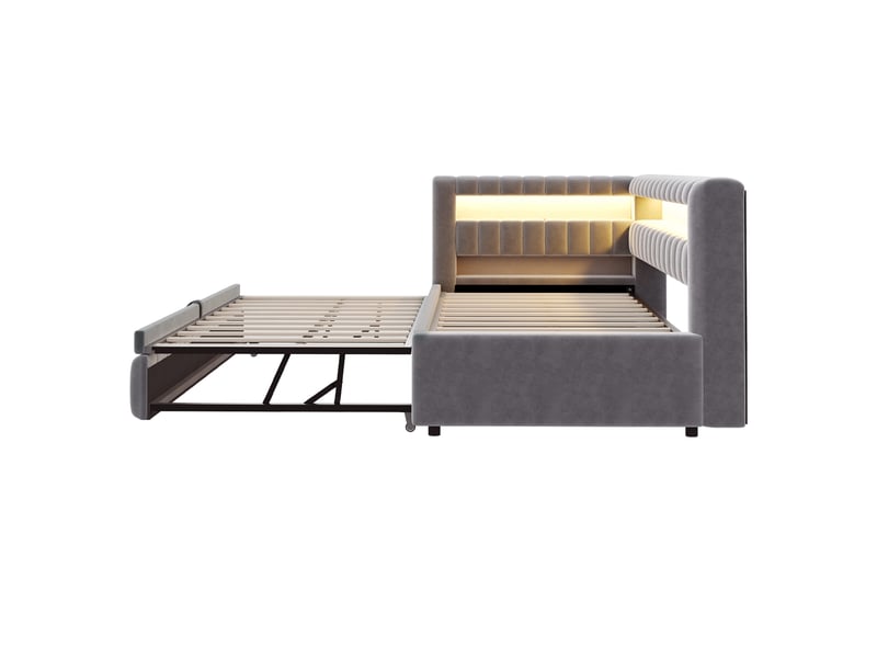  Lit extensible 90 × 200 cm led, usb et usb-c en velours - gris foncé C-CRAFTLINK - Conforama D