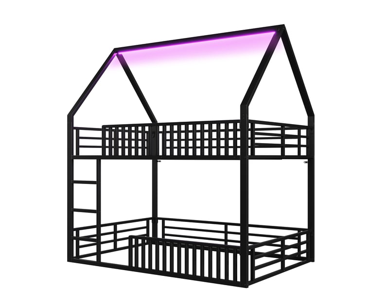  Lit enfant 140x200 garde-corps clôture led 7 couleurs métal robuste montage facile noir 1 sommier sans matelas  - Conforama E