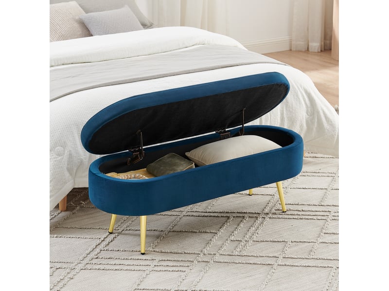  Banc de rangement 110x40x42 cm, coffre 20 l, pieds en bois, pour la chambre et le salon, assise en velours, bleu foncé  - Conforama D