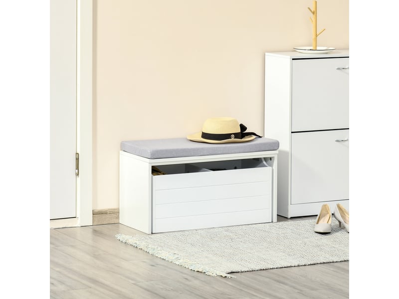  Banc de rangement avec coussin gris - meuble à chaussures - banc à chaussures avec grand tiroir double compartiment - mdf blanc  - Conforama D