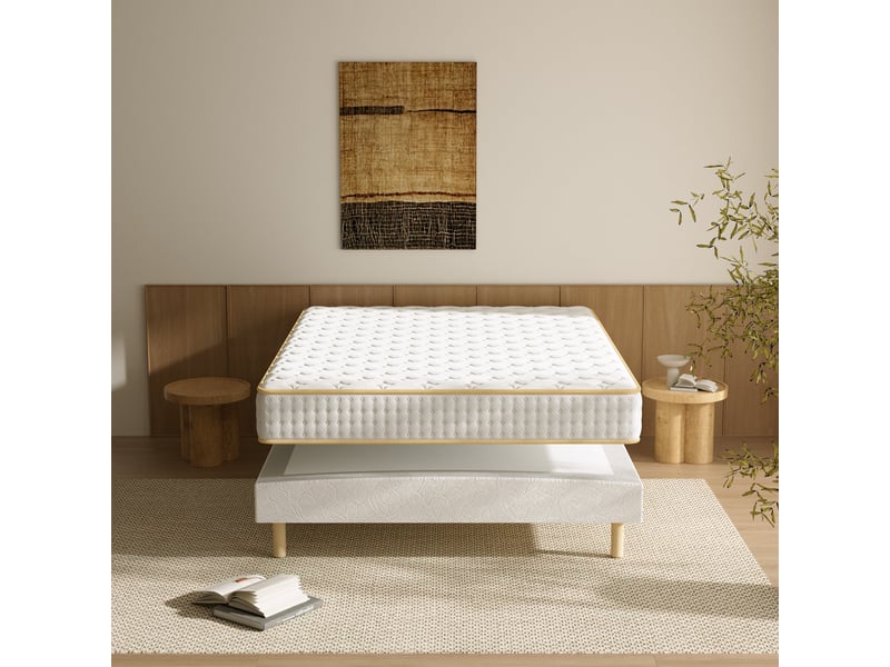  Ensemble 140x190 cm matelas mousse +sommier tapissier, hauteur du cadre de lit 29 cm，epaisseur matelas 18cm  - Conforama E
