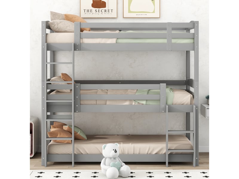 Lit superposé triple 90x200 en bois, lit superposé 3 places gris pour enfants, séparable avec échelles et barrières, sans matelas - Conforama W