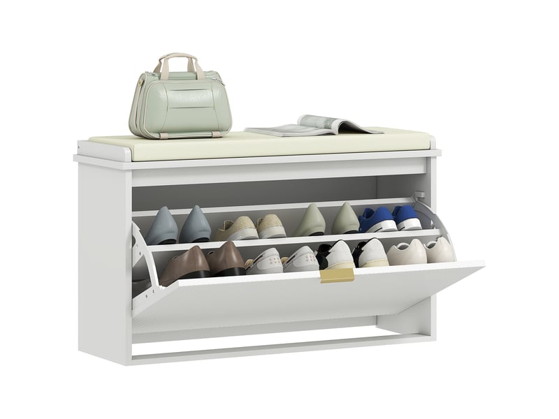  Banc à chaussures avec coussin d'assise rembourré et tiroir rabattable pour couloir, chambre, 80 x 26 x 47,5 cm, blanc  - Conforama A