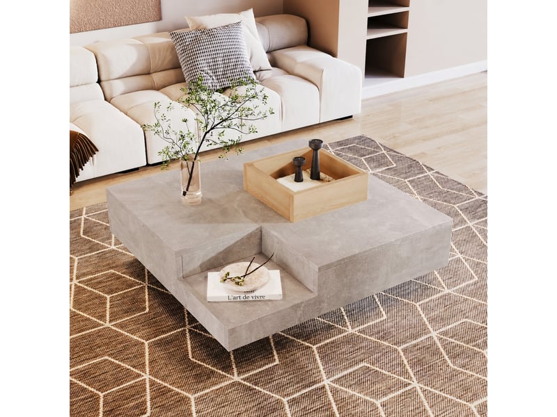  Table basse carrée avec coffre de rangement amovible, gris béton et effet bois, 72 x 72 x 30 cm  - Conforama E