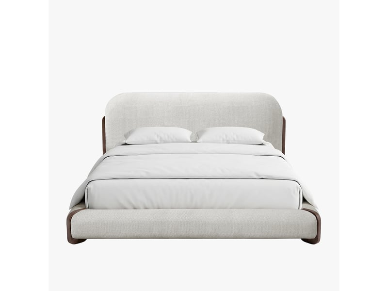  Lit double en tissu beige et bois foncé 160x200 cm  - Conforama D