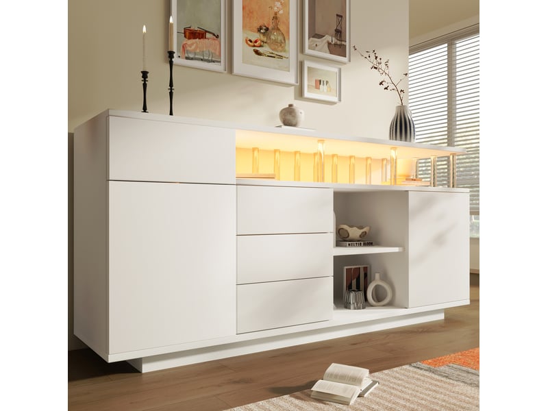  Buffet et enfilade avec 2 portes, 4 tiroirs, étagères réglables et led pour salon, en bois, blanc, 160 × 40 × 75 cm  - Conforama B