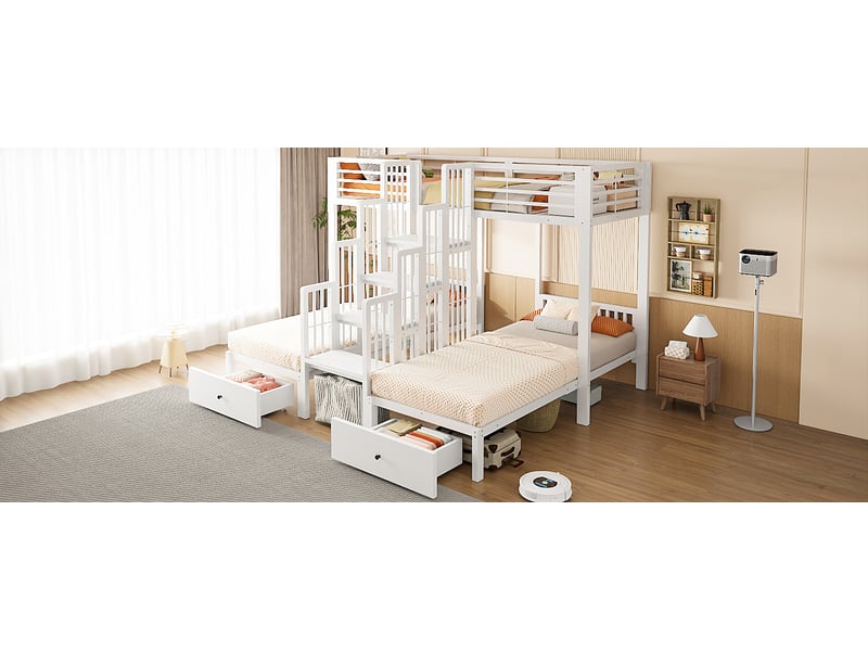 Lit superposé 90 × 200 cm 3 places avec escalier, barrières et 2 tiroirs, sans matelas, en métal et bois blanc - Conforama E