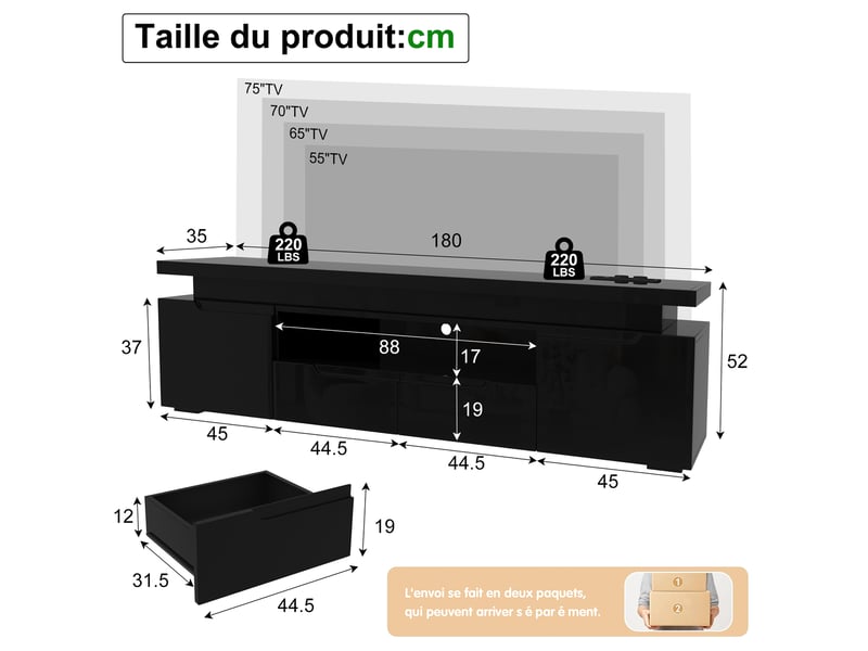  Meuble tv noir brillant 180 cm avec led rgb, multiprise usb-c intégrée, 2 tiroirs et 2 armoires, pour tv jusqu’à 75 pouces  - Conforama C