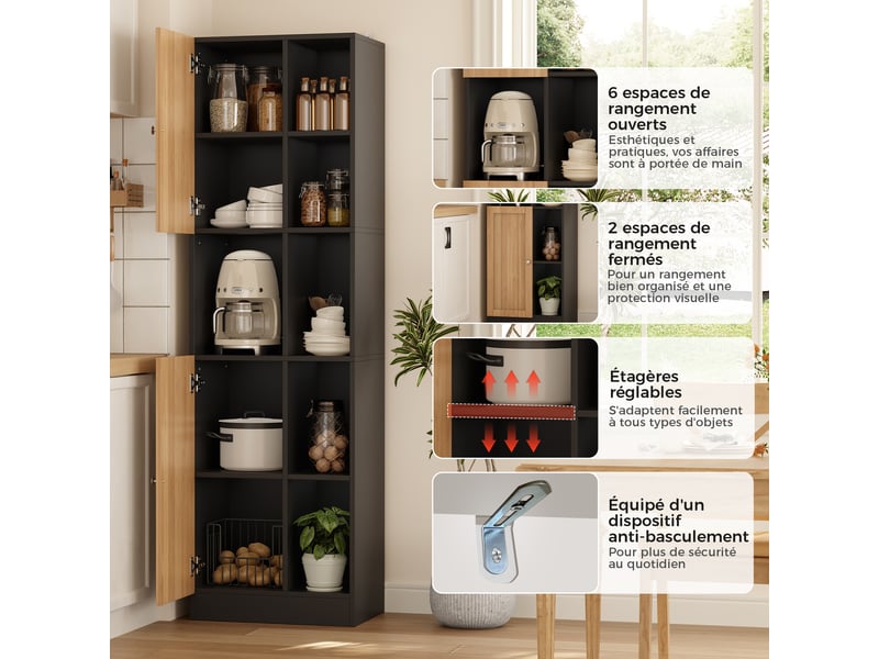  Meuble d'angle de cuisine avec 2 portes, 6 niches et étagères réglables en mdf, noir et chêne 50×35,5×170 cm  - Conforama E