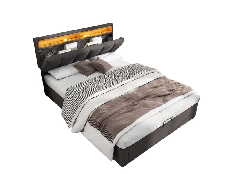  Lit rembourré 140x190 cm avec coffre de rangement hydraulique, tiroirs et compartiments de rangement, revêtement en lin gris, sans matelas  - Conforama A