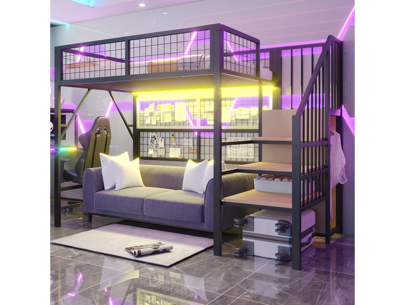  Modenvie lit mezzanine 90x200 cm - escalier avec rangement, led contrôlée par application, sans matelas - noir  - Conforama D